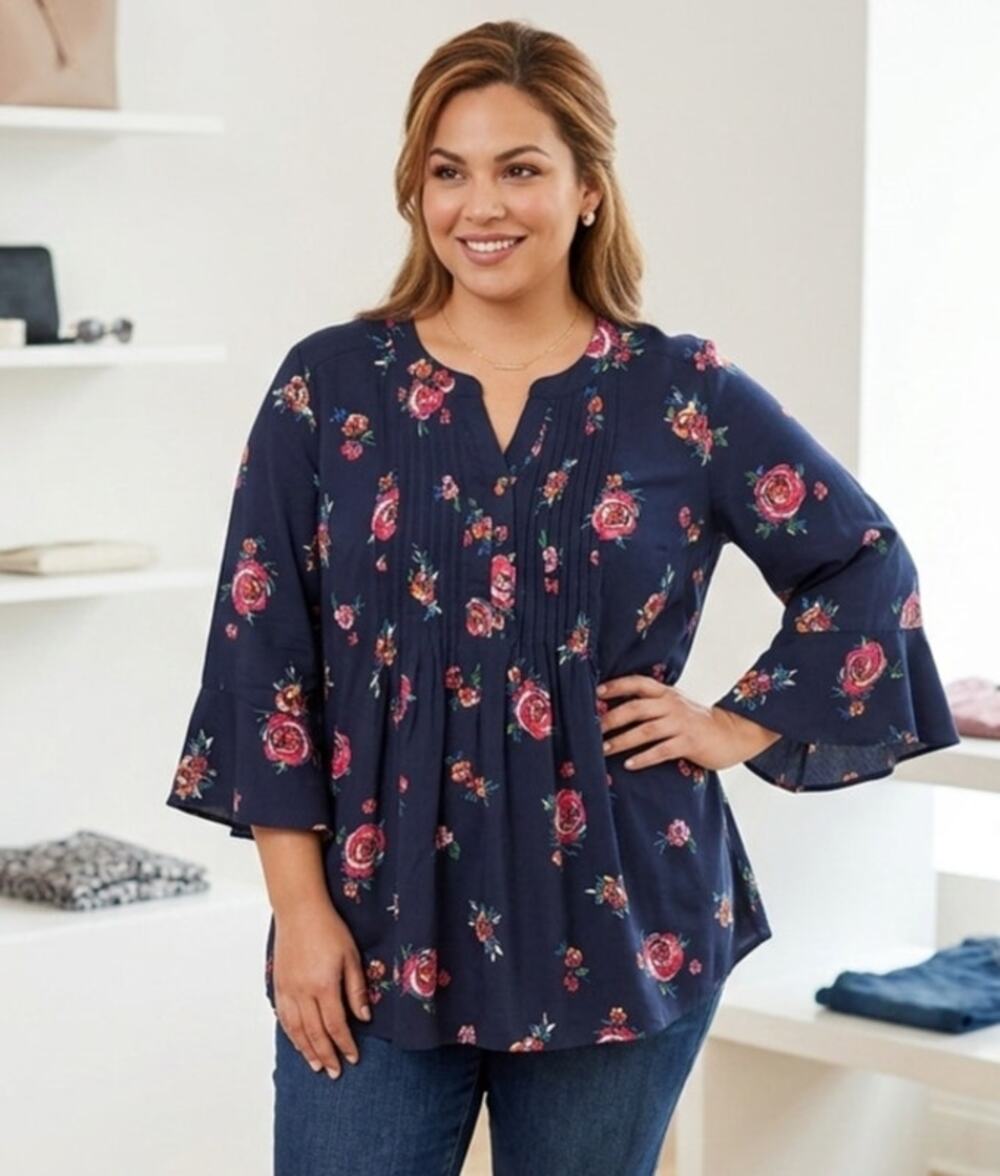 Woman Within 26/28 Women Navy Blue & Pink Roses Bell Sleeve Flowy Blouse